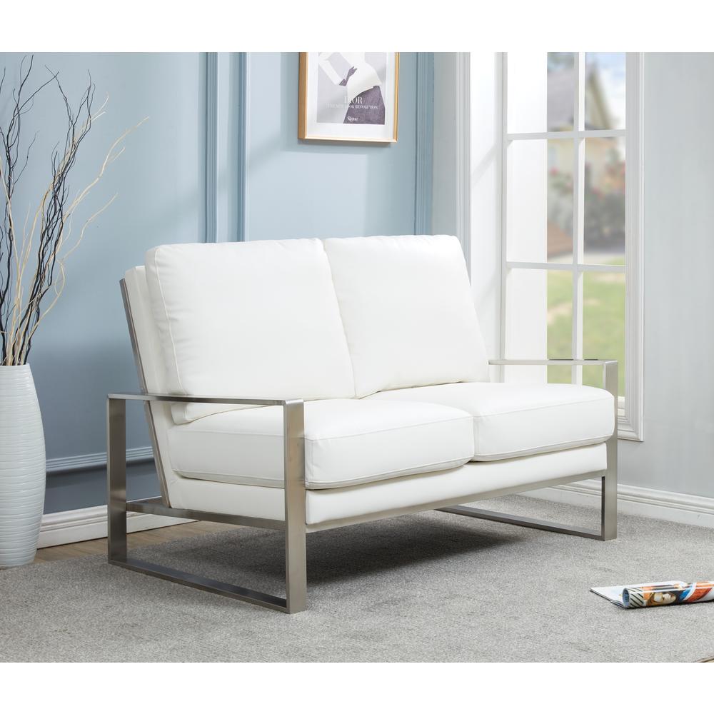 Leisuremod Jefferson Contemporary Modern Faux Leather Loveseat With Silver Frame, White. Picture 7