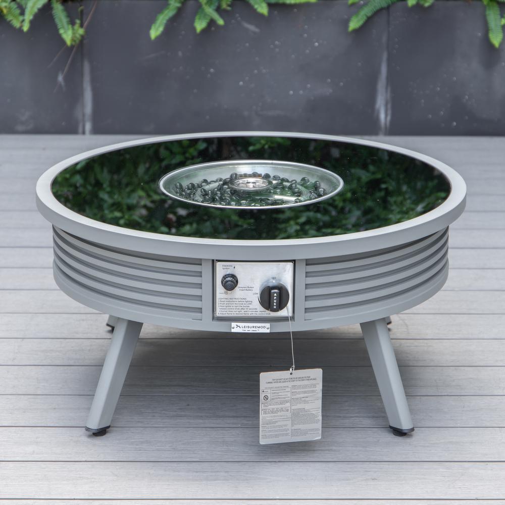 LeisureMod Walbrooke Modern Grey Patio Conversation With Round Fire Pit With Slats Design & Tank Holder, Green. Picture 3