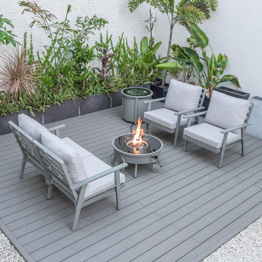 LeisureMod Walbrooke Modern Grey Patio Conversation With Round Fire Pit & Tank Holder, Light Grey. Picture 9