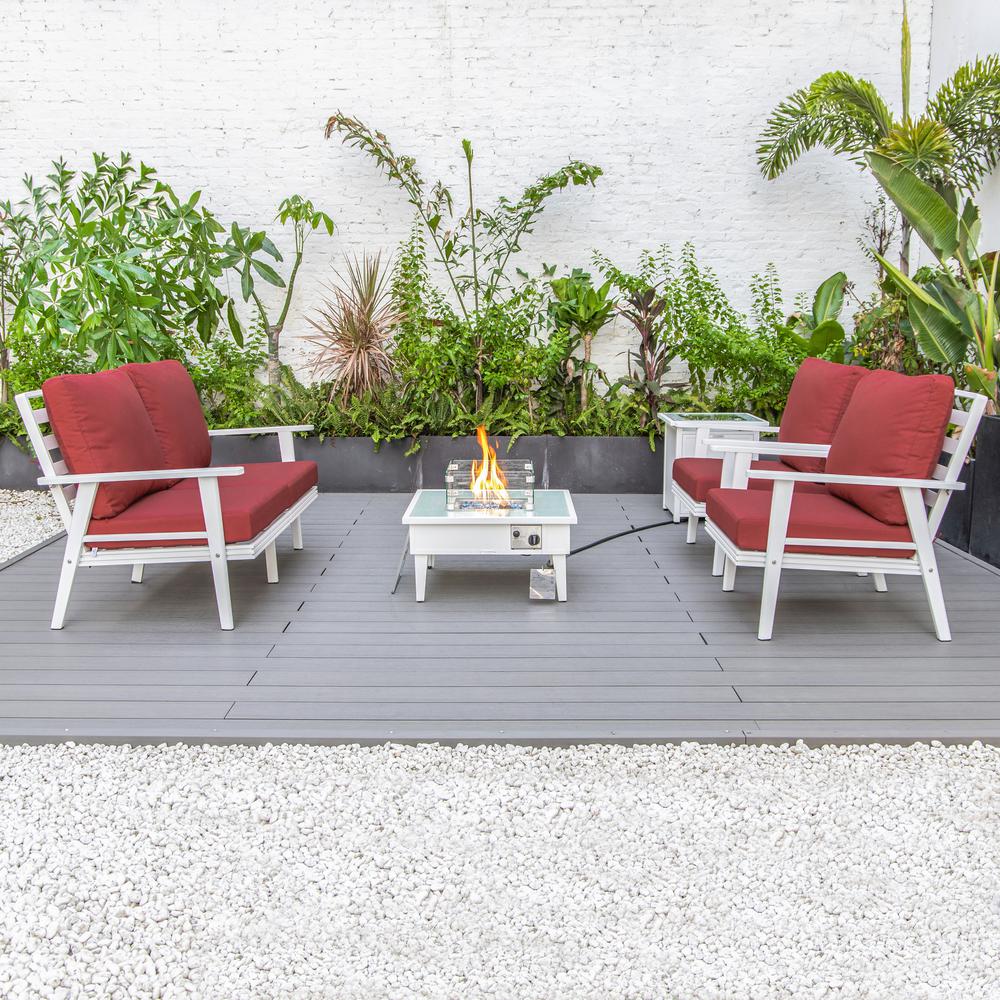 LeisureMod Walbrooke Modern White Patio Conversation With Square Fire Pit & Tank Holder, Red. Picture 9