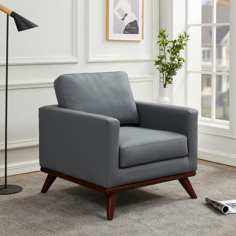 LeisureMod Chester Modern Leather Accent Arm Chair With Birch Wood Base, Grey. Picture 2