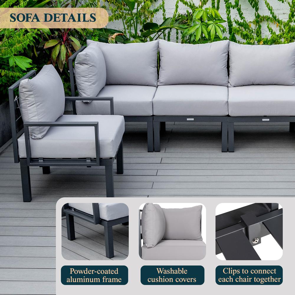 LeisureMod Chelsea 6-Piece Patio Sectional Black Aluminum With Cushions in Light Grey. Picture 32