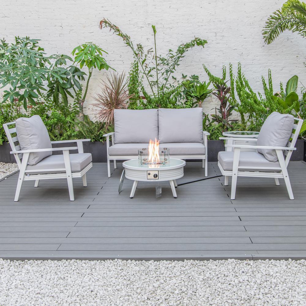 LeisureMod Walbrooke Modern White Patio Conversation With Round Fire Pit With Slats Design & Tank Holder, Light Grey. Picture 6