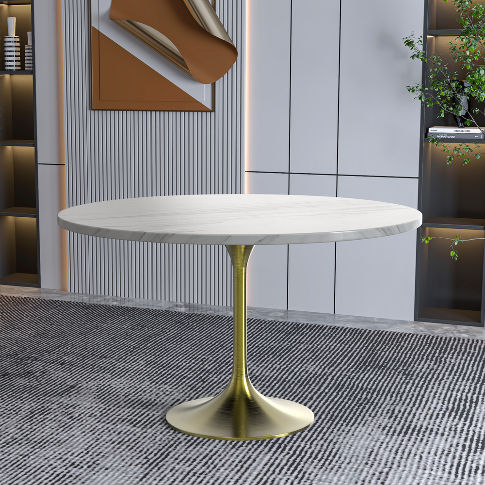 48 Round Dining Table, Brushed Gold Base with Sintered Stone White Top. Picture 5
