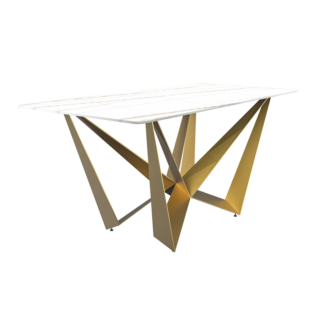 Modern Dining Table with a 55" Rectangular Top and Gold Steel Base. Picture 2