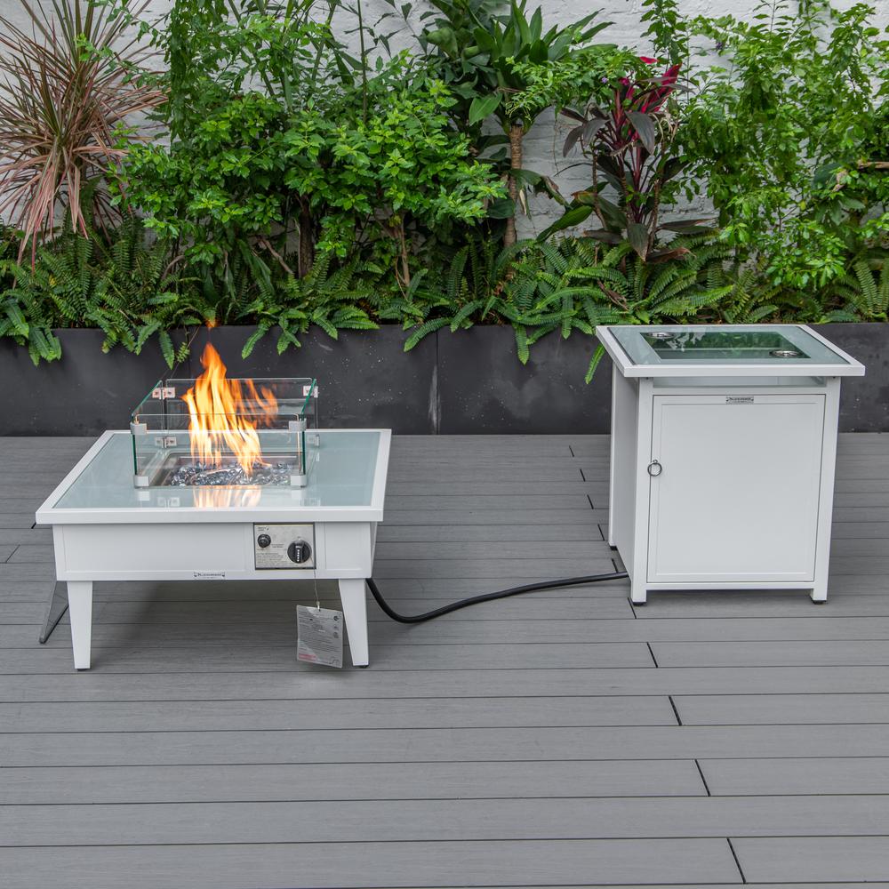 LeisureMod Walbrooke Modern White Patio Conversation With Square Fire Pit & Tank Holder, Charcoal. Picture 5