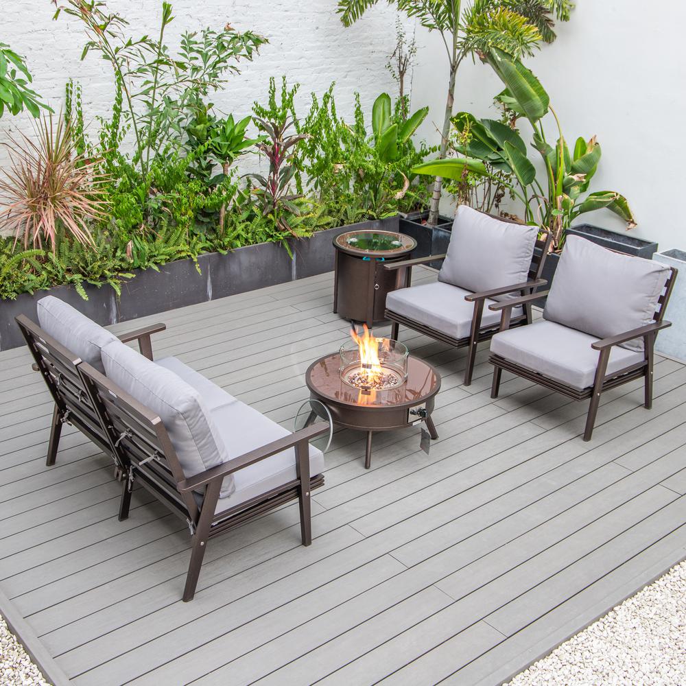LeisureMod Walbrooke Modern Brown Patio Conversation With Round Fire Pit & Tank Holder, Grey. Picture 7