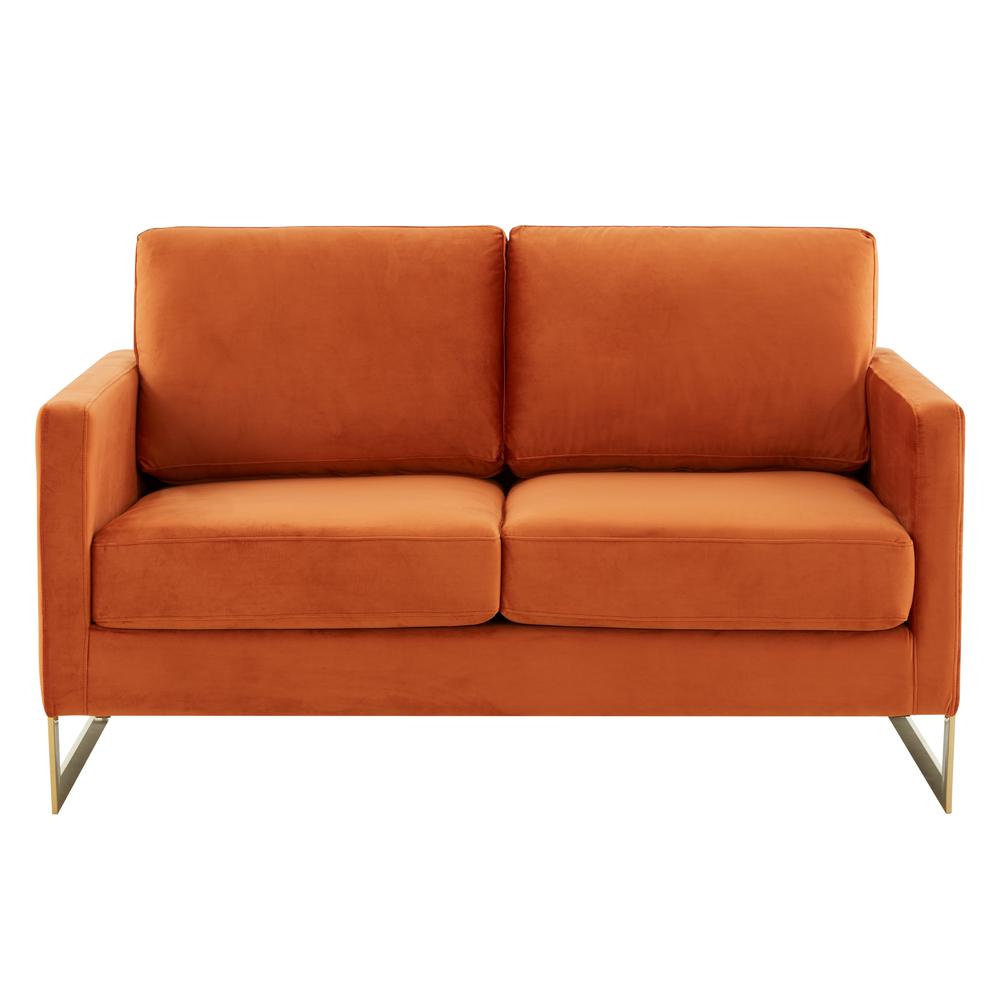LeisureMod Lincoln Modern Mid-Century Upholstered Velvet Loveseat with Gold Frame, Orange Marmalade. Picture 2