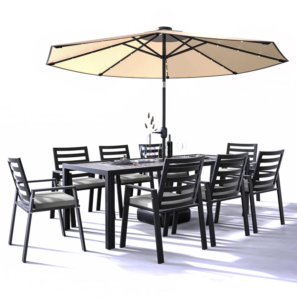 Chelsea Aluminum Outdoor Dining Table 87 With 8 Chairs and Light Grey Cushions. Picture 10