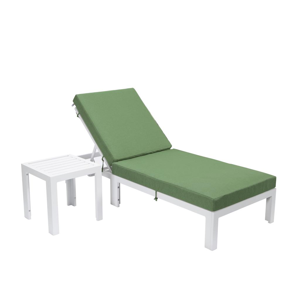 Chelsea Modern Outdoor White Chaise Lounge Chair With Side Table & Cushions. Picture 1