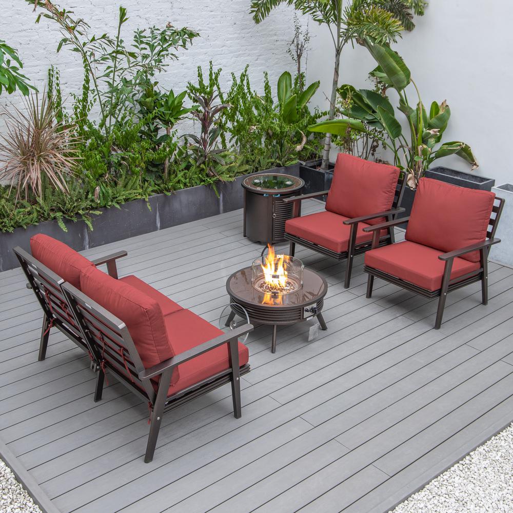 LeisureMod Walbrooke Modern Brown Patio Conversation With Round Fire Pit With Slats Design & Tank Holder, Red. Picture 6