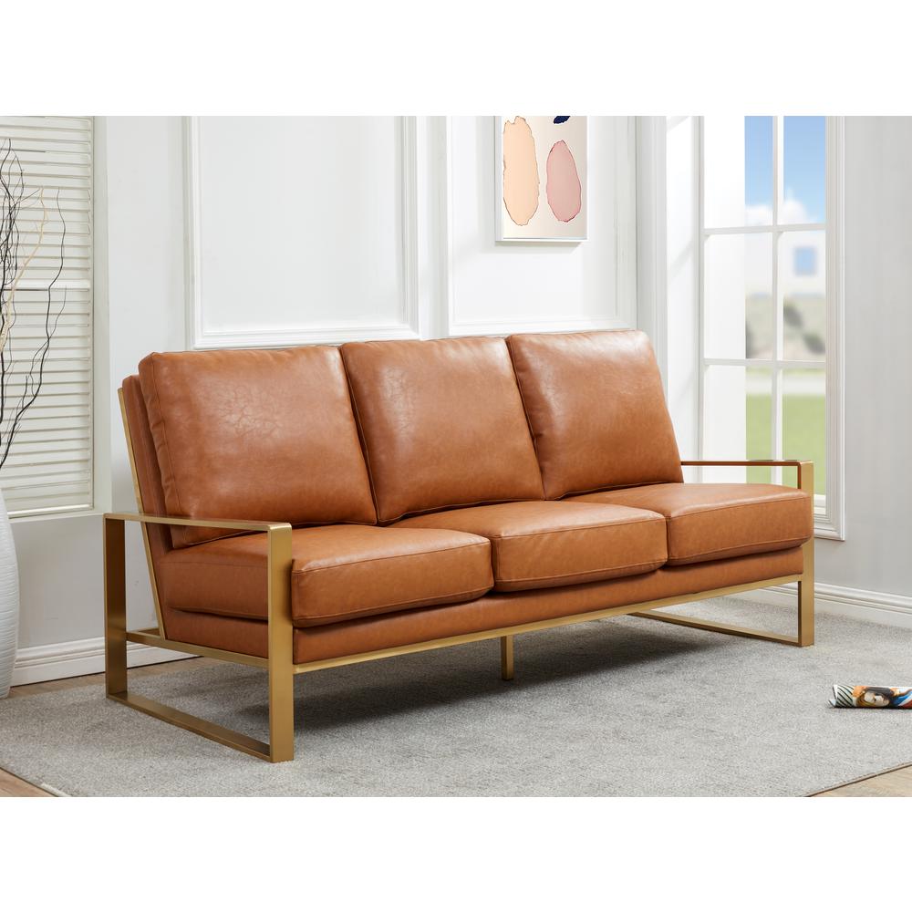 LeisureMod Jefferson Modern Design Leather Sofa With Gold Frame, Cognac Tan. Picture 4