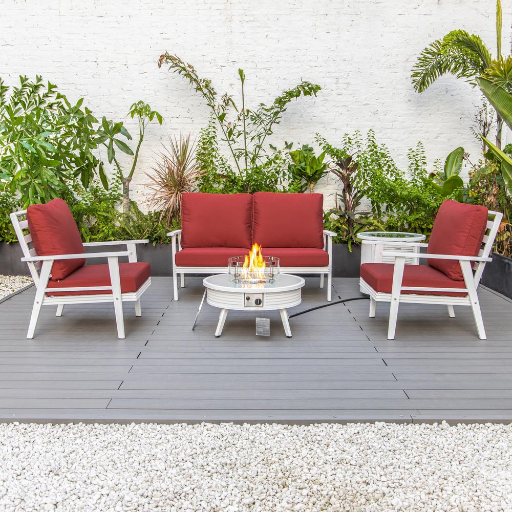 LeisureMod Walbrooke Modern White Patio Conversation With Round Fire Pit With Slats Design & Tank Holder, Red. Picture 7