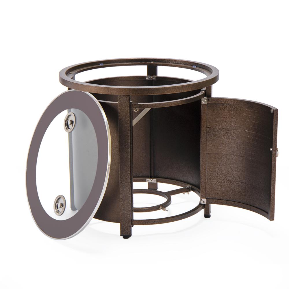 LeisureMod Walbrooke Modern Brown Patio Conversation With Round Fire Pit With Slats Design & Tank Holder, Red. Picture 12