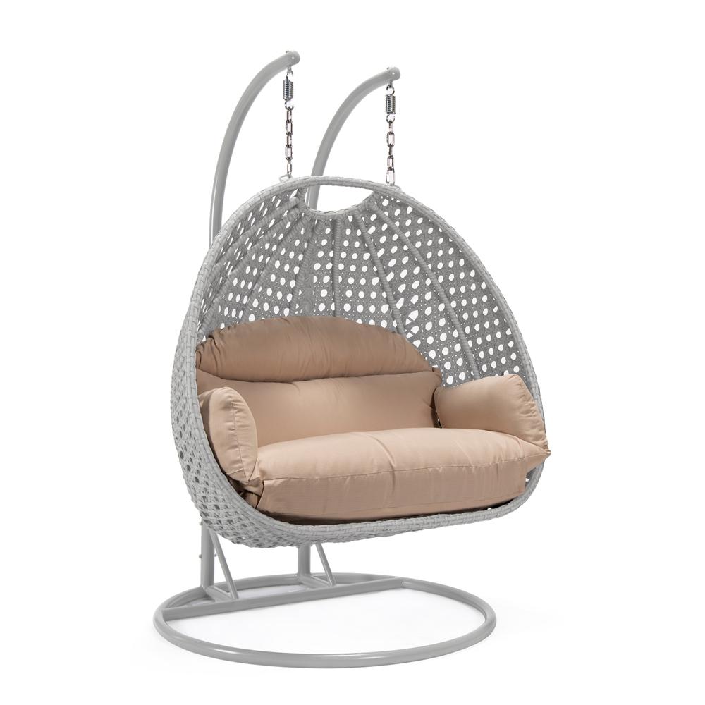 LeisureMod Wicker Hanging 2 person Egg Swing Chair in Beige. The main picture.
