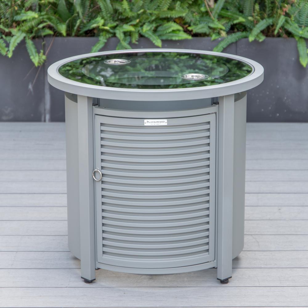 LeisureMod Walbrooke Modern Grey Patio Conversation With Round Fire Pit With Slats Design & Tank Holder, Charcoal. Picture 2