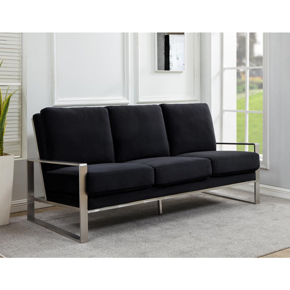 LeisureMod Jefferson Contemporary Modern Design Velvet Sofa With Silver Frame, Black. Picture 6