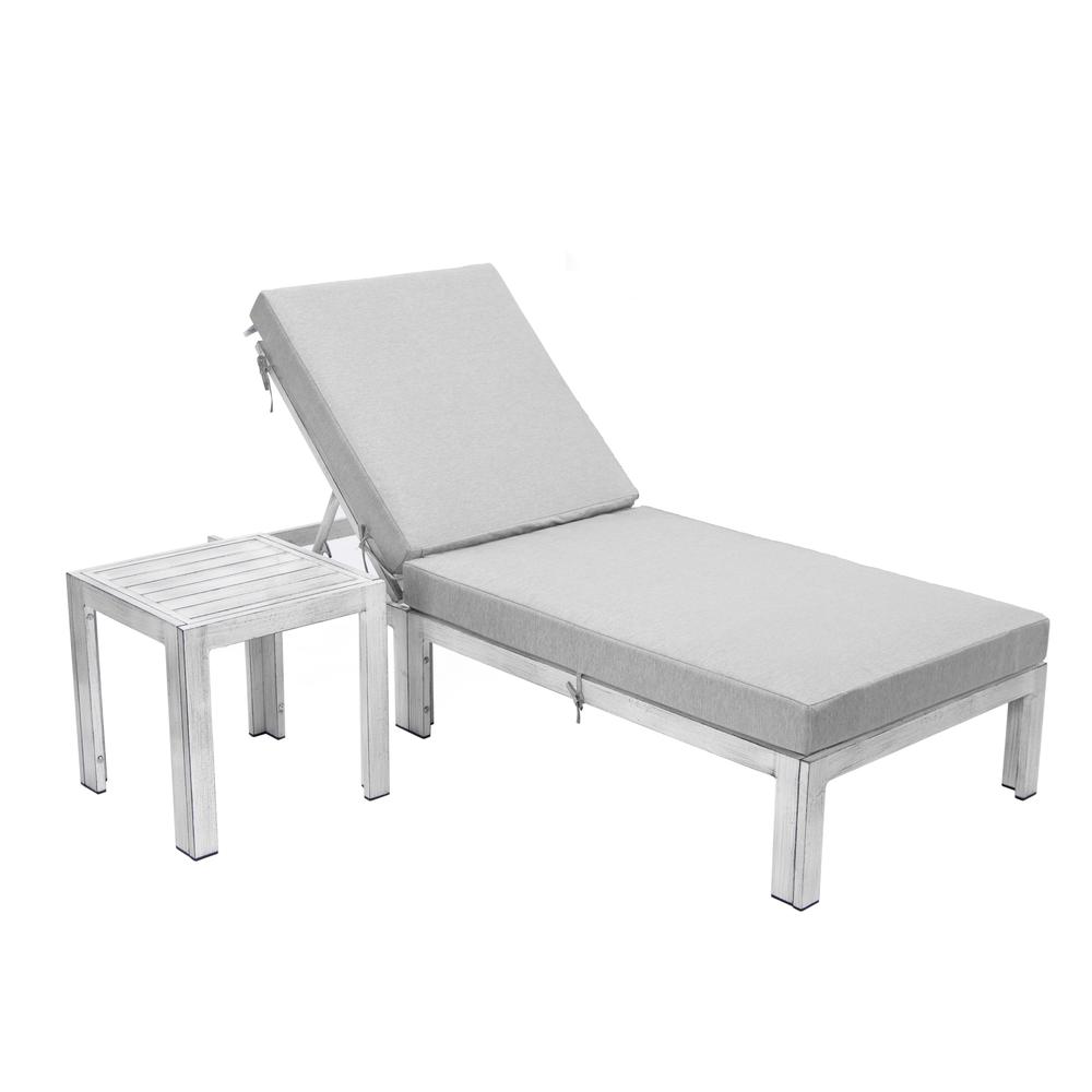 Outdoor Weathered Grey Chaise Lounge Chair With Side Table & Cushions. Picture 1
