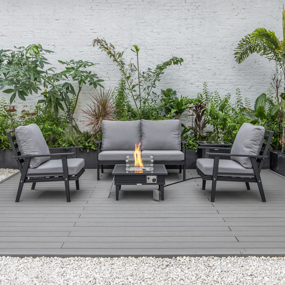 LeisureMod Walbrooke Modern Black Patio Conversation With Square Fire Pit With Slats Design & Tank Holder, Grey. Picture 4