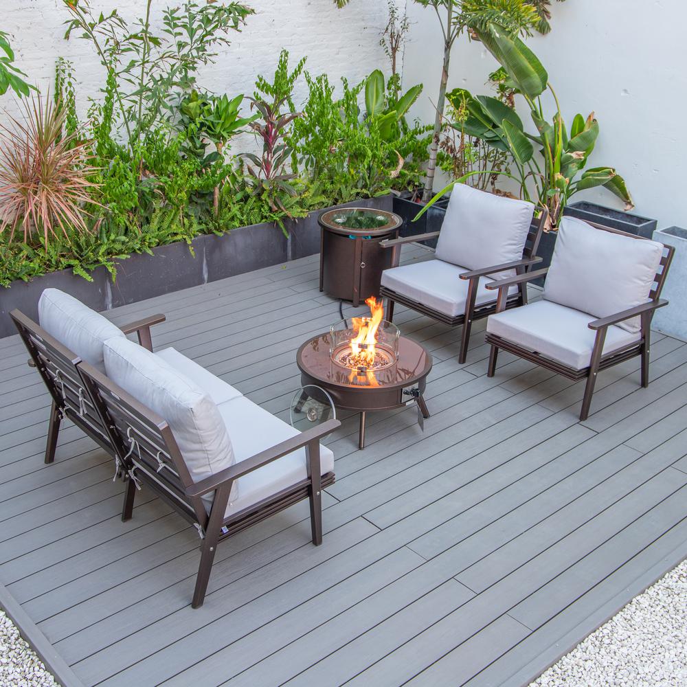 LeisureMod Walbrooke Modern Brown Patio Conversation With Round Fire Pit & Tank Holder, Light Grey. Picture 7