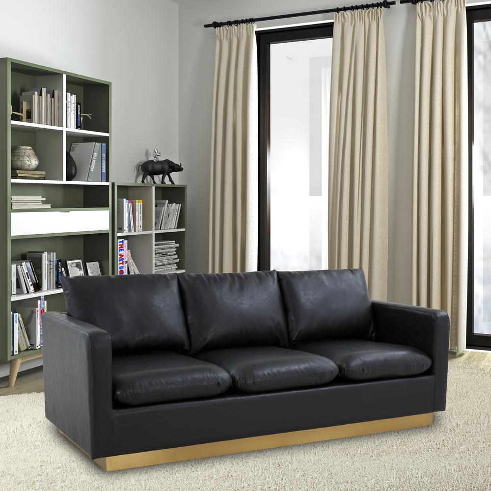 LeisureMod Nervo Modern Mid-Century Upholstered Leather Sofa with Gold Frame, Black. Picture 5