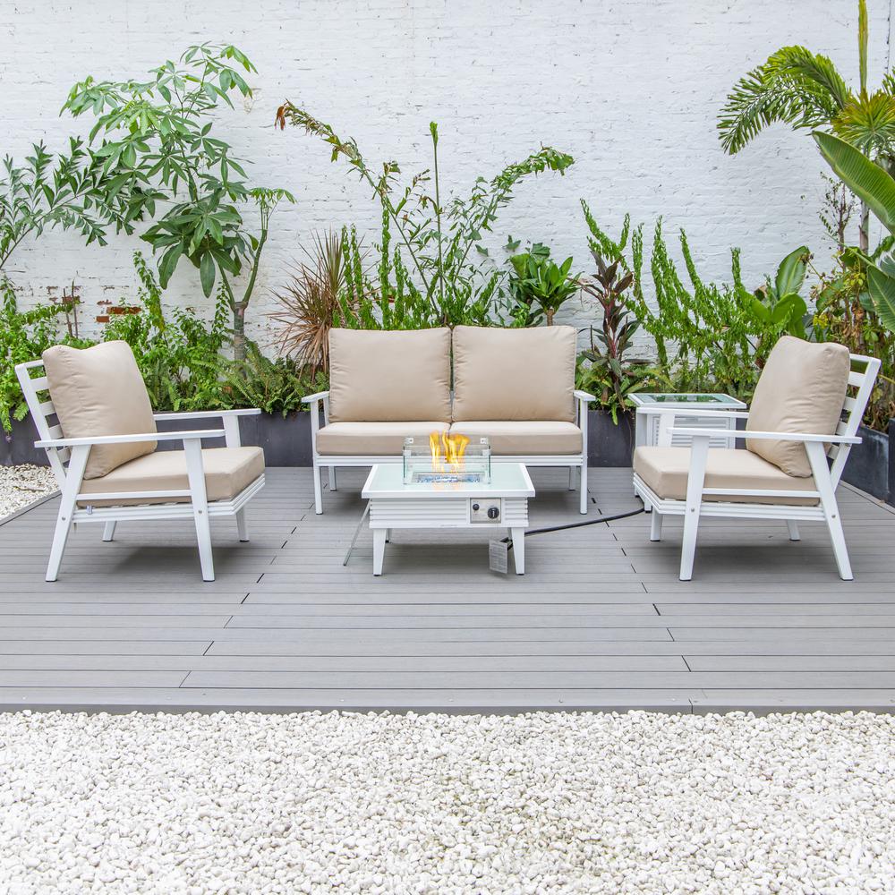 LeisureMod Walbrooke Modern White Patio Conversation With Square Fire Pit With Slats Design & Tank Holder, Beige. Picture 9