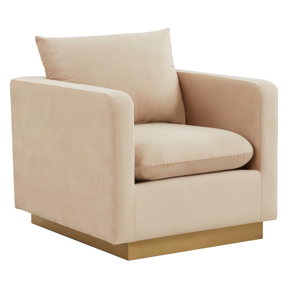 LeisureMod Nervo Velvet Accent Armchair With Gold Frame, Beige. Picture 1