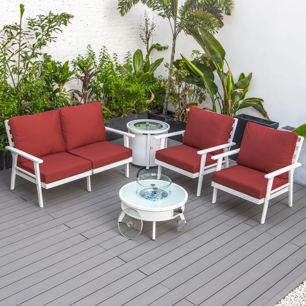LeisureMod Walbrooke Modern White Patio Conversation With Round Fire Pit With Slats Design & Tank Holder, Red. Picture 6