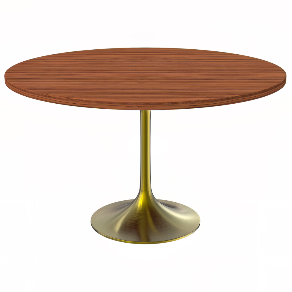 Verve 48" Round Dining Table, Brushed Gold Base with Cognac Brown MDF Top. Picture 1
