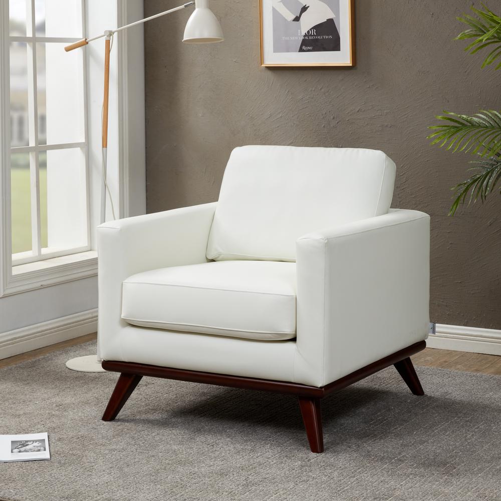 LeisureMod Chester Modern Leather Accent Arm Chair With Birch Wood Base, White. Picture 2