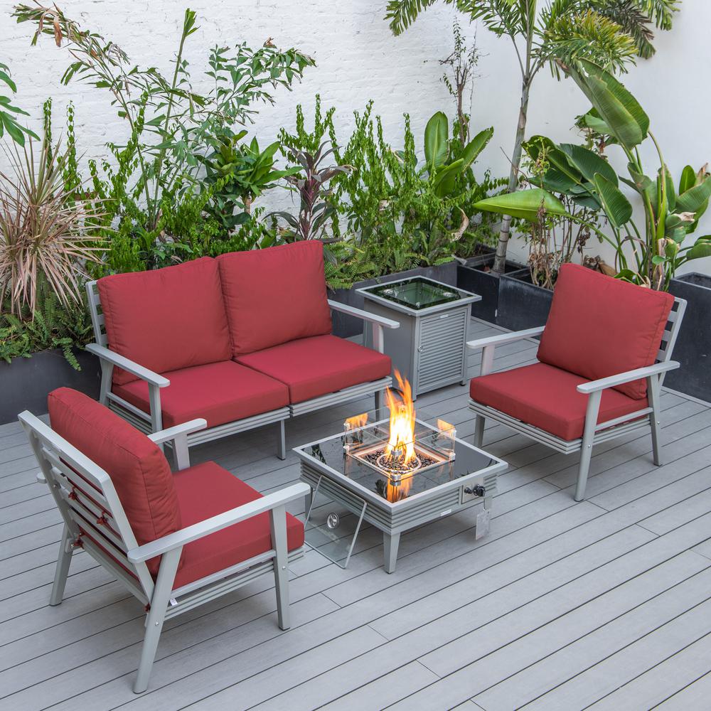 LeisureMod Walbrooke Modern Grey Patio Conversation With Square Fire Pit With Slats Design & Tank Holder, Red. Picture 1