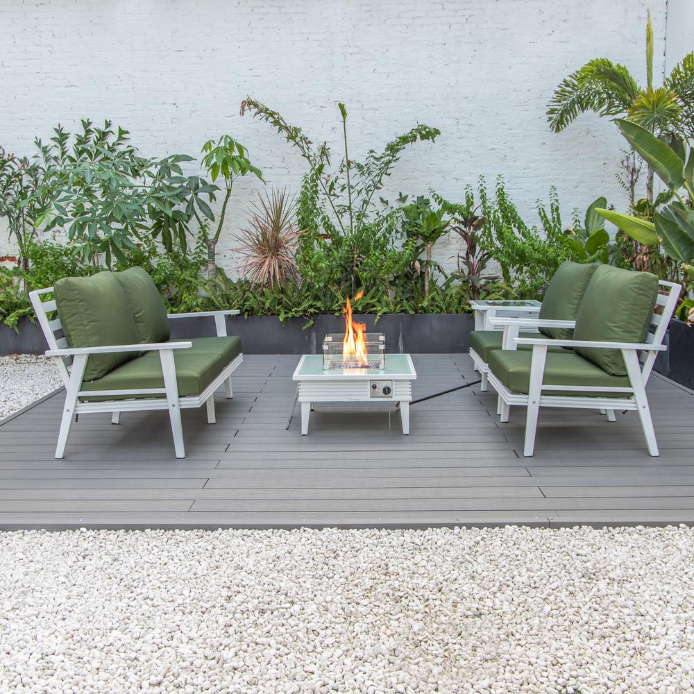 LeisureMod Walbrooke Modern White Patio Conversation With Square Fire Pit With Slats Design & Tank Holder, Green. Picture 9