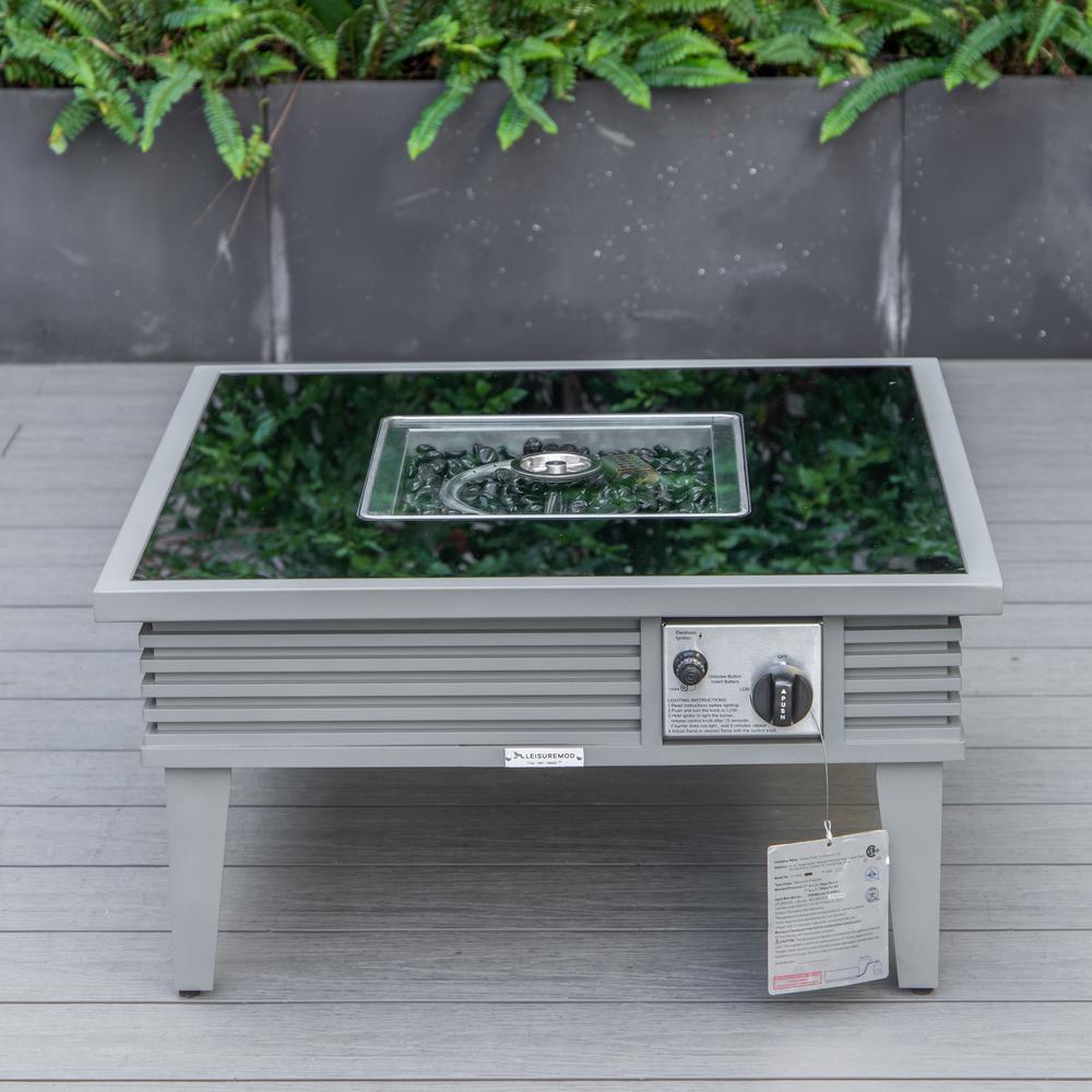 LeisureMod Walbrooke Modern Grey Patio Conversation With Square Fire Pit With Slats Design & Tank Holder, Red. Picture 3