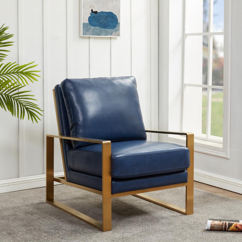 LeisureMod Jefferson Leather Modern Design Accent Armchair With Elegant Gold Frame, Navy Blue. Picture 2