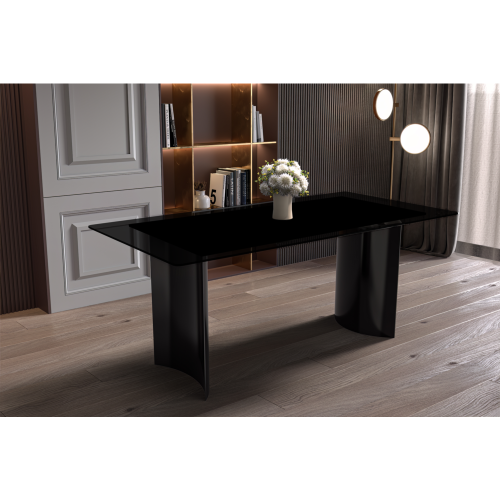 Modern Dining Table Black Stainless Steel Base, With 55 Black Glass Top. Picture 6