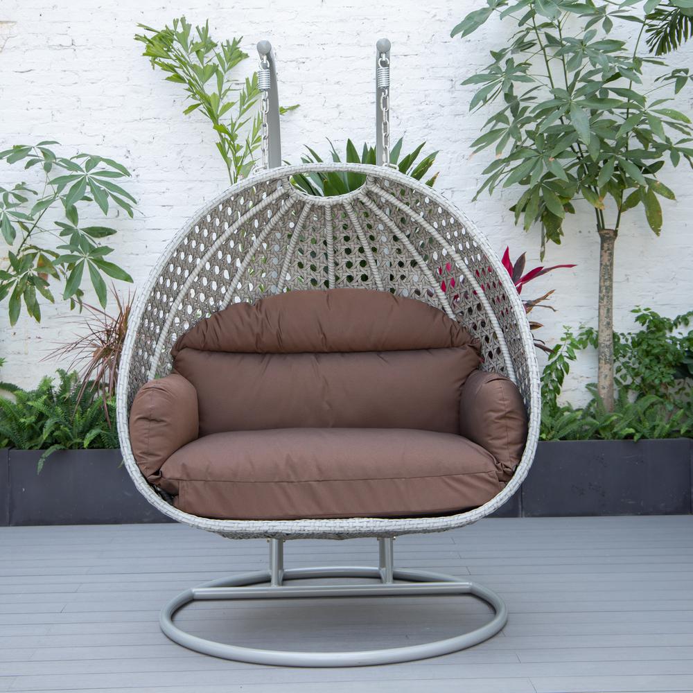 LeisureMod Wicker Hanging 2 person Egg Swing Chair in Brown. Picture 3