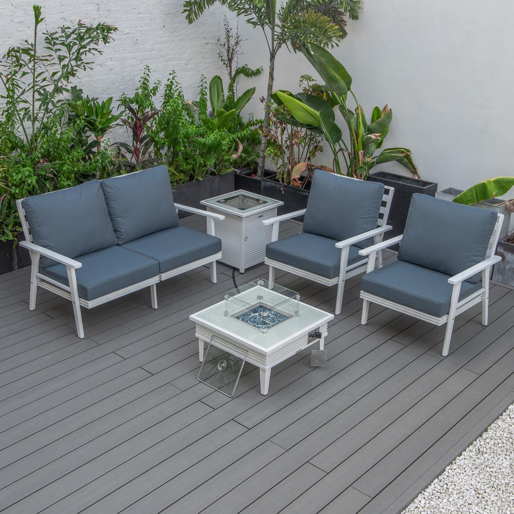 LeisureMod Walbrooke Modern White Patio Conversation With Square Fire Pit With Slats Design & Tank Holder, Navy Blue. Picture 8
