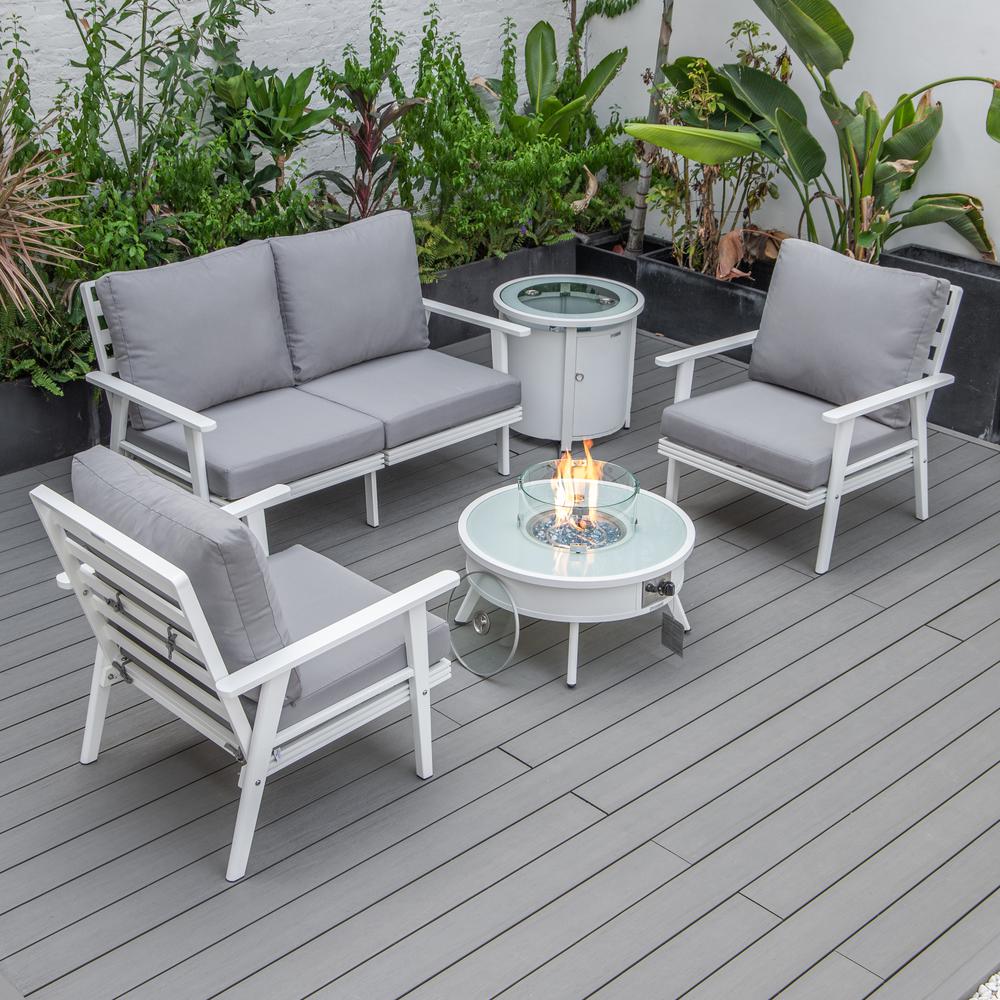 LeisureMod Walbrooke Modern White Patio Conversation With Round Fire Pit & Tank Holder, Grey. Picture 1