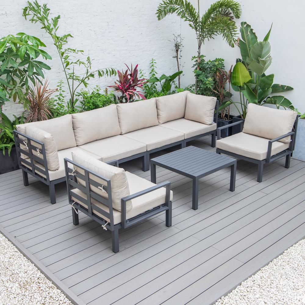 LeisureMod Hamilton 7-Piece Aluminum Patio Conversation Set With Coffee Table And Cushions Beige. Picture 2