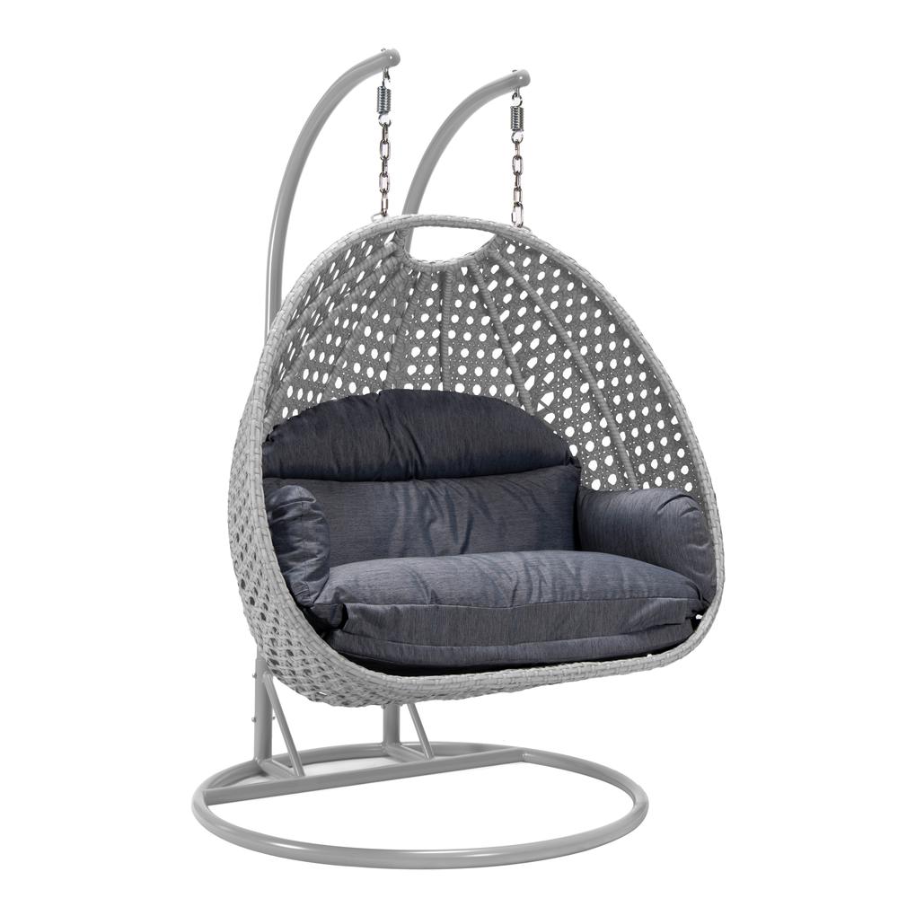LeisureMod Wicker Hanging 2 person Egg Swing Chair in Charcoal Blue. Picture 1