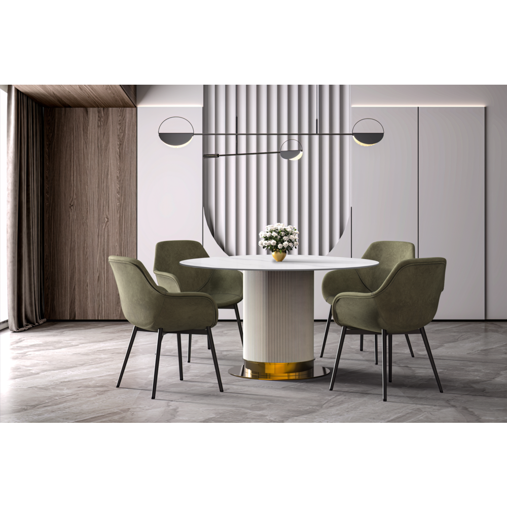 Round Dining Table White\Gold Base with 60 Round Solid White Sintered Stone Top. Picture 4