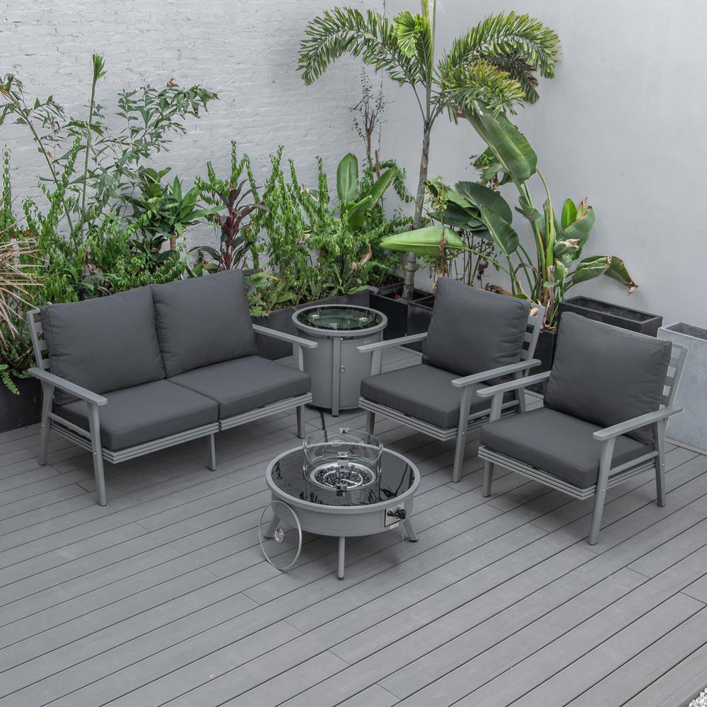 LeisureMod Walbrooke Modern Grey Patio Conversation With Round Fire Pit & Tank Holder, Charcoal. Picture 6