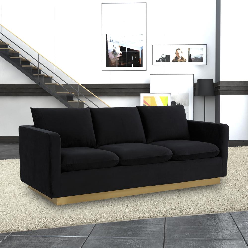 LeisureMod Nervo Modern Mid-Century Upholstered Velvet Sofa with Gold Frame, Midnight Black. Picture 6