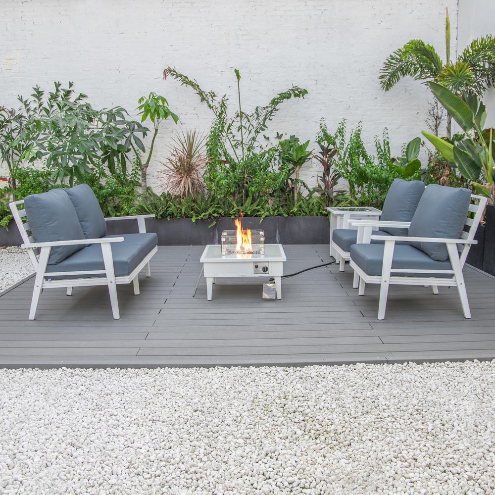 LeisureMod Walbrooke Modern White Patio Conversation With Square Fire Pit & Tank Holder, Navy Blue. Picture 9