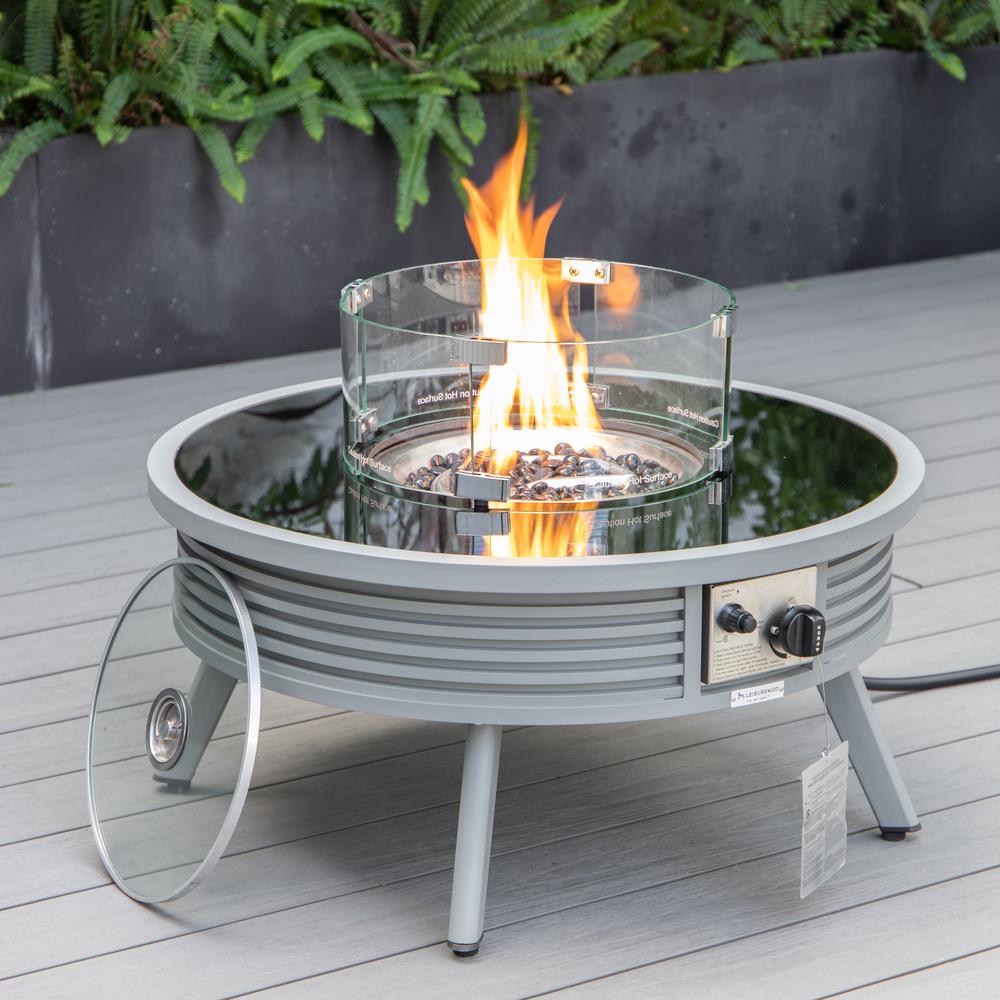 LeisureMod Walbrooke Modern Grey Patio Conversation With Round Fire Pit With Slats Design & Tank Holder, Red. Picture 4