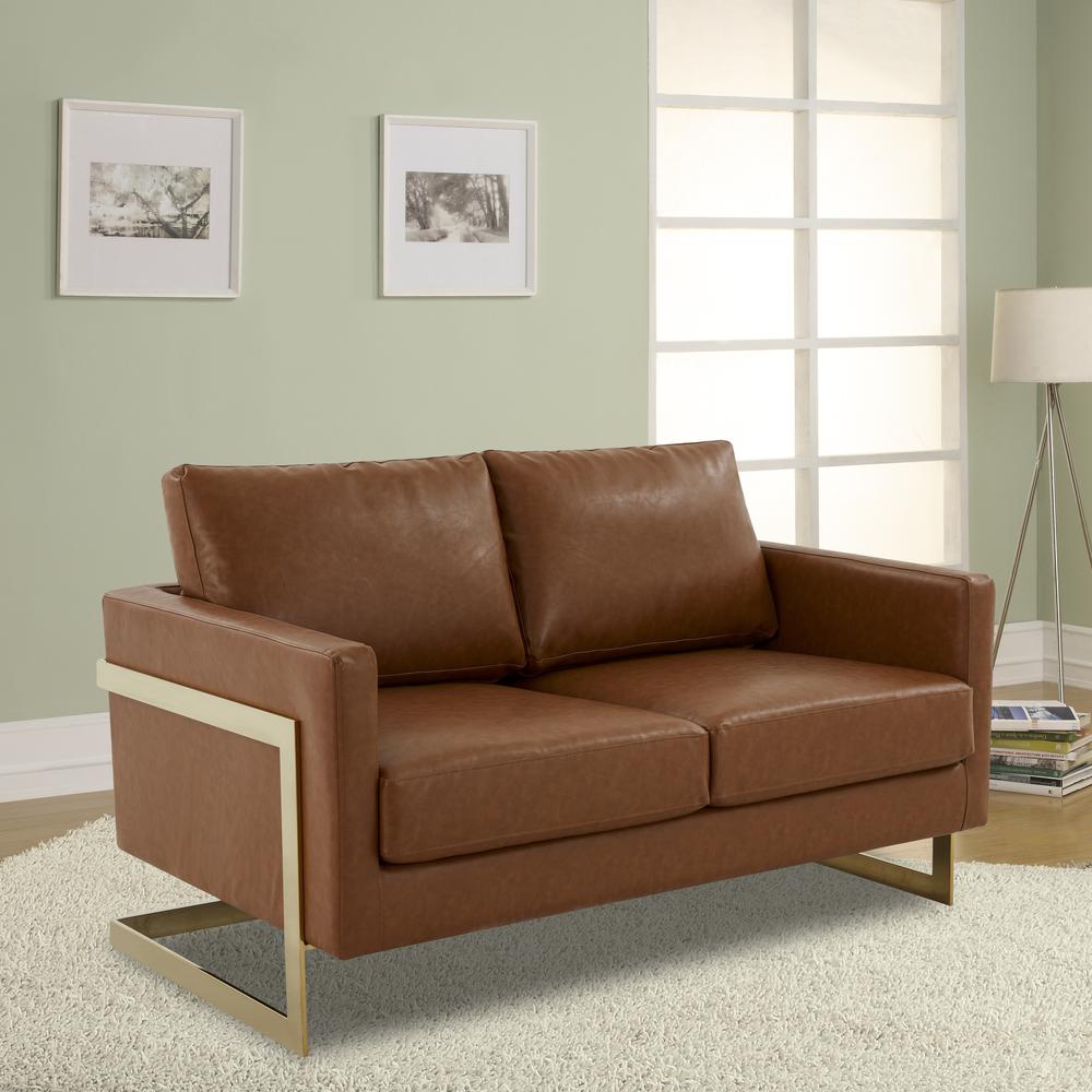 LeisureMod Lincoln Modern Mid-Century Upholstered Leather Loveseat with Gold Frame, Cognac Tan. Picture 2