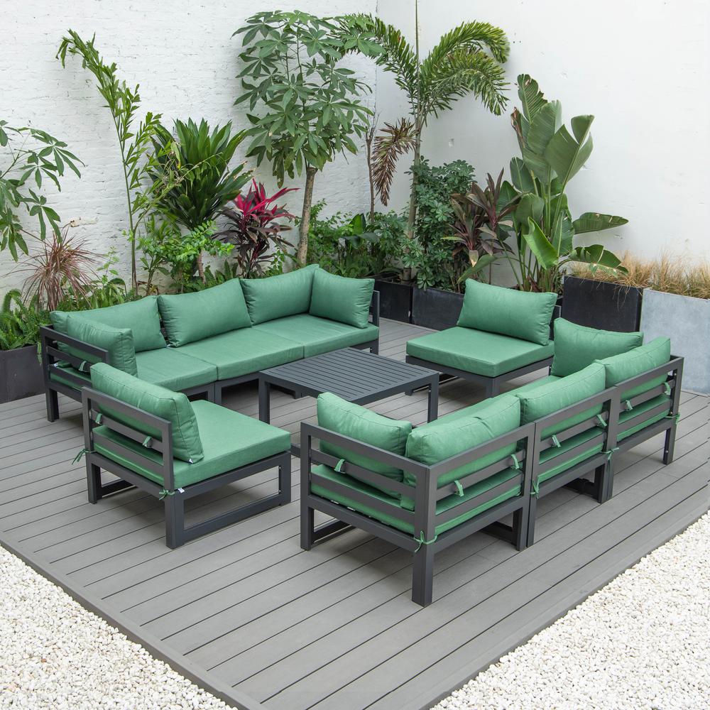 LeisureMod Chelsea 9-Piece Patio Sectional with Coffee Table Black Aluminum With Cushions, Green. The main picture.