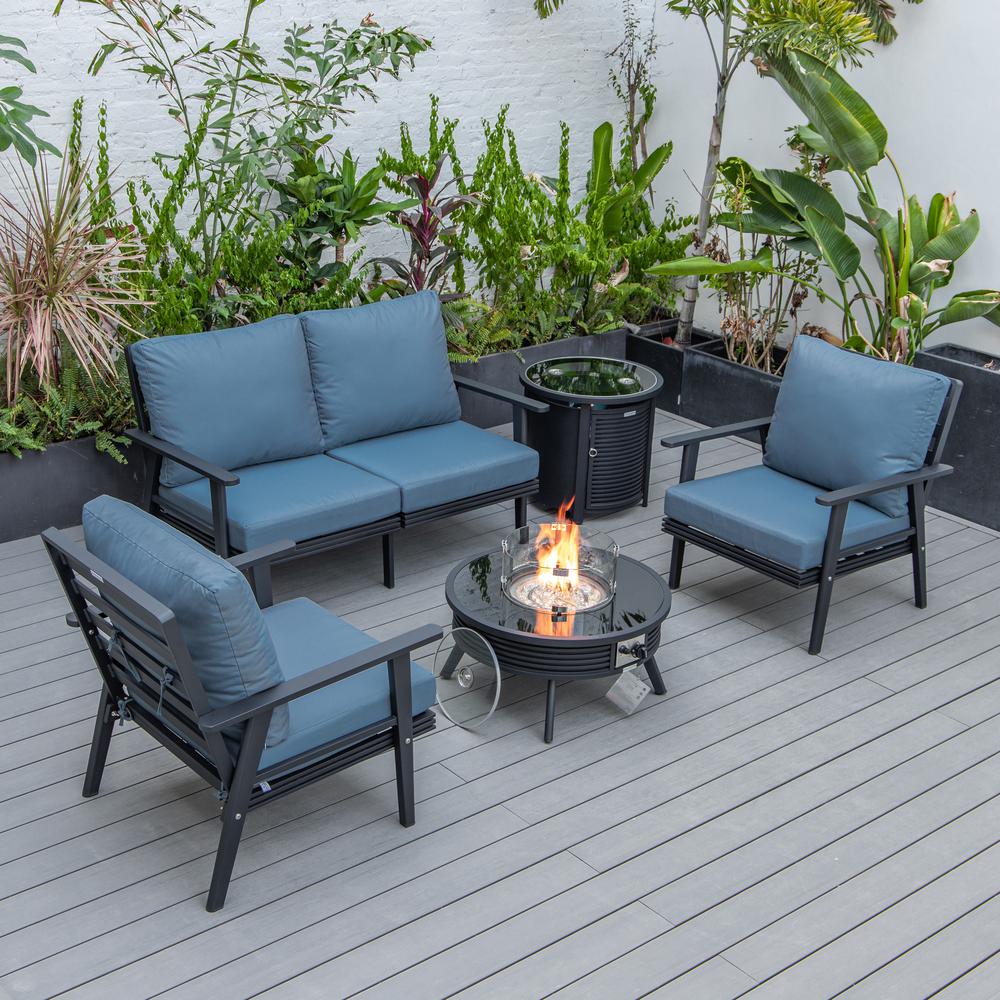 LeisureMod Walbrooke Modern Black Patio Conversation With Round Fire Pit With Slats Design & Tank Holder, Navy Blue. Picture 1