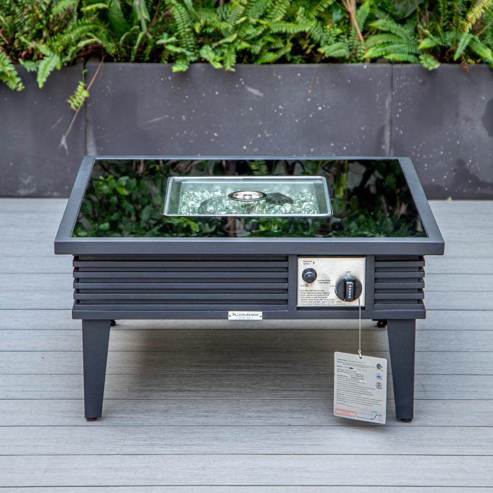 LeisureMod Walbrooke Modern Black Patio Conversation With Square Fire Pit With Slats Design & Tank Holder, Beige. Picture 6