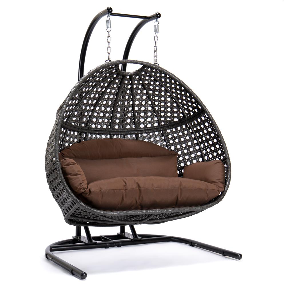 LeisureMod Wicker Hanging Double Egg Swing Chair in Dark Brown. Picture 2